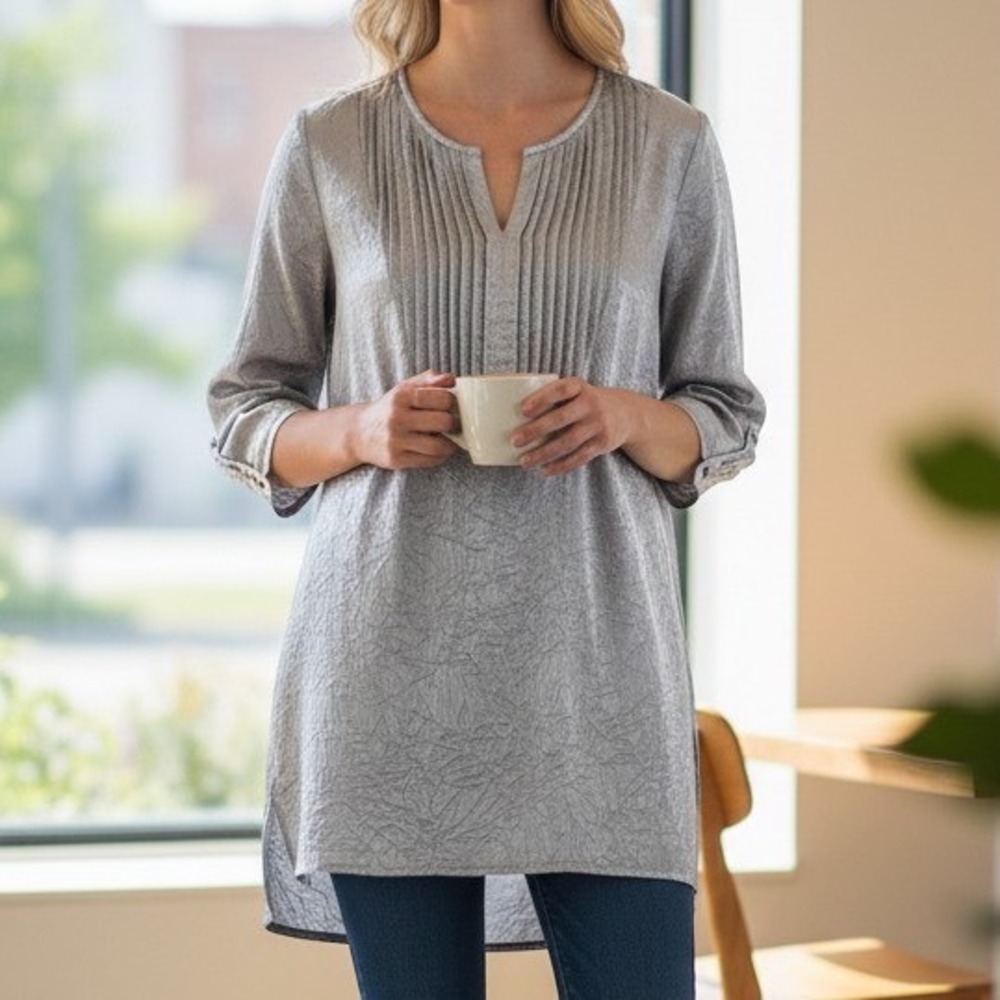 Roamans Tunic Top Women L Silver Crinkle Pintuck Metallic 3/4 Sleeve Blouse